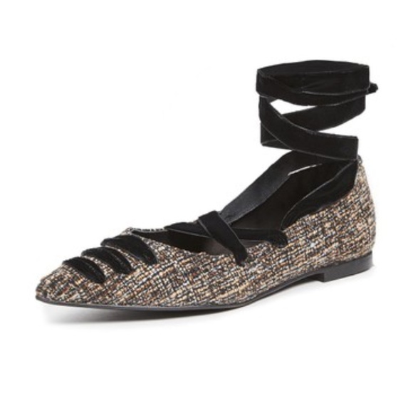 🆕🏷️ Camel/Black New Tweed St. Clair Wrap Ballet Flats Made in Spain - Picture 2 of 12